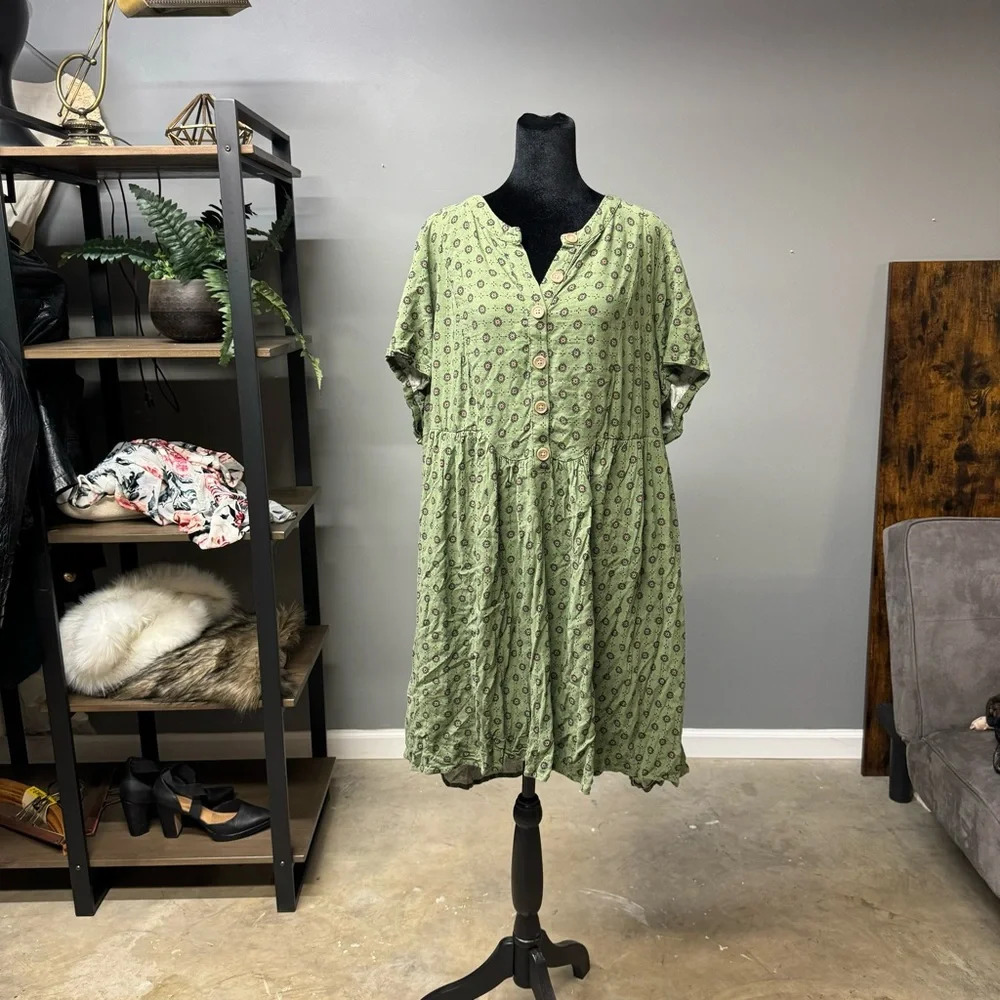 Torrid green button front fit n flare dress womens 2XL linen feel summer